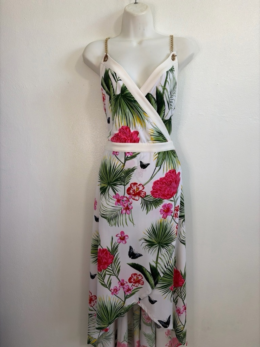 Thalia Sodi Tropical Floral Wrap Maxi Dress XL Gold Chain Straps